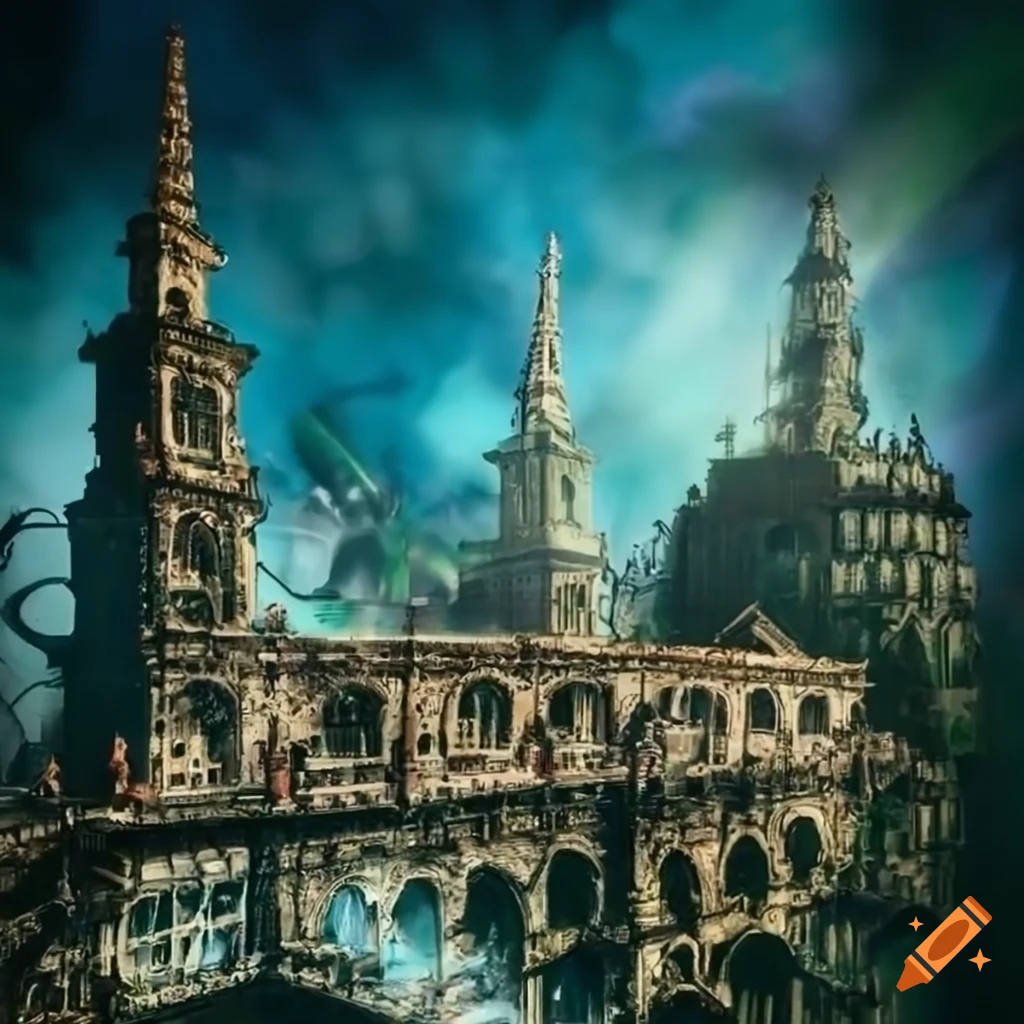 Aerial view of a steampunk fantasy city on Craiyon
