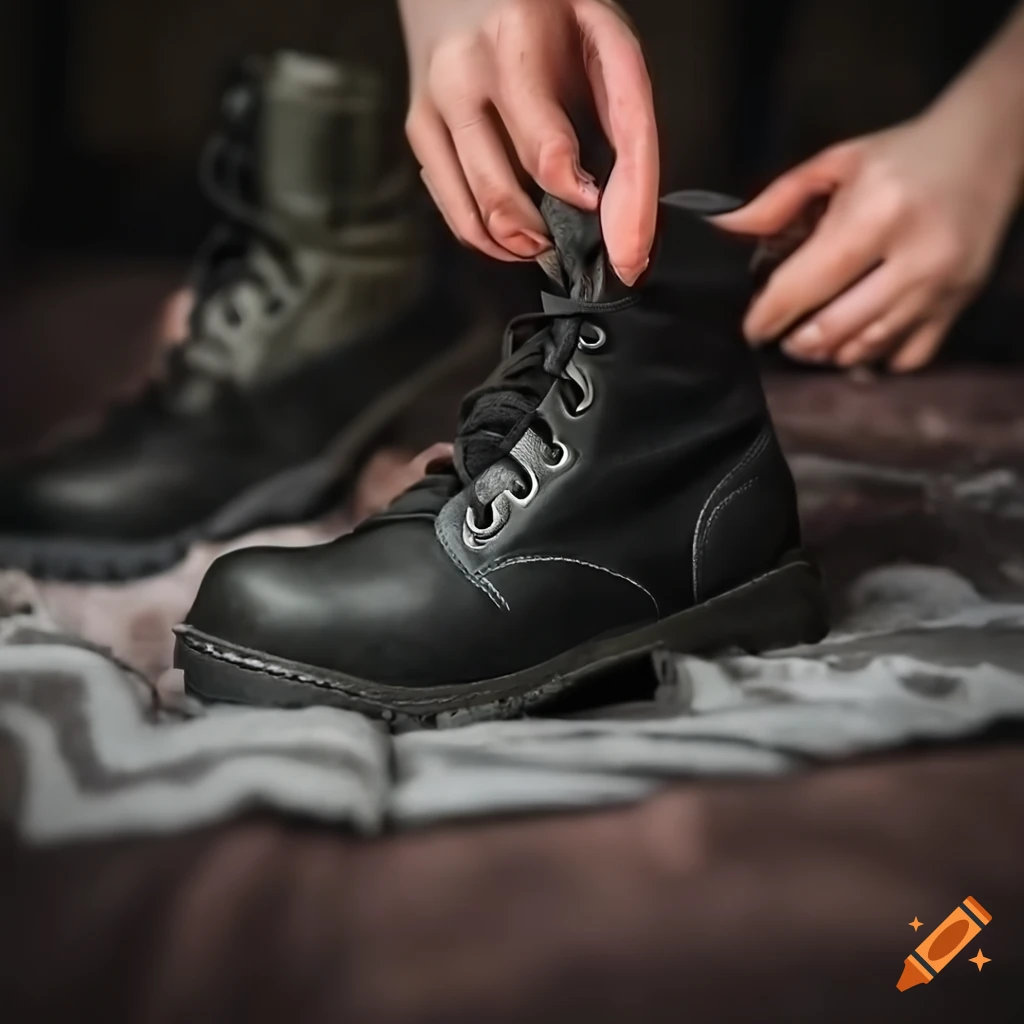Closeup of worn black steel cap boots on Craiyon