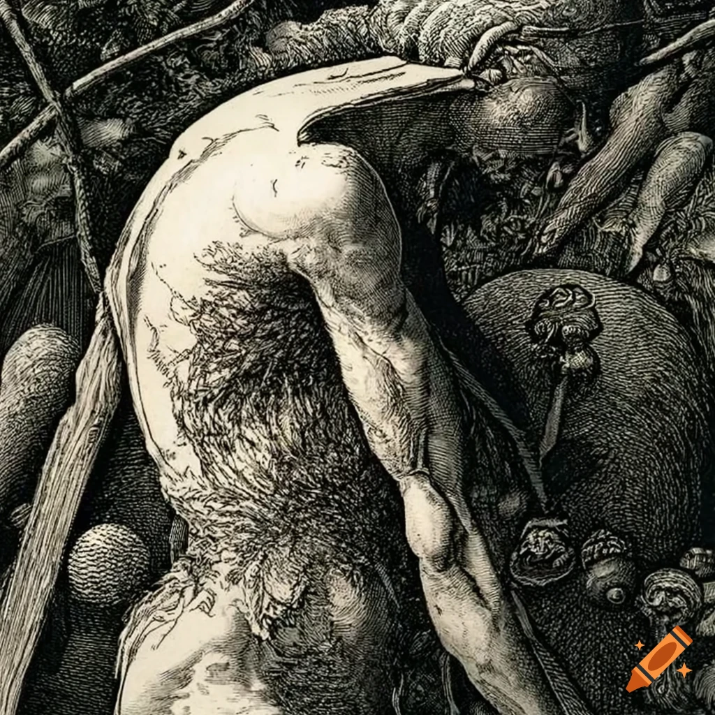 surreal engraving of teenage boys made of flowers and mushrooms