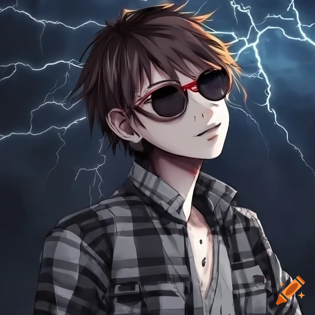 Image of a stylish anime boy with sunglasses in a stormy background