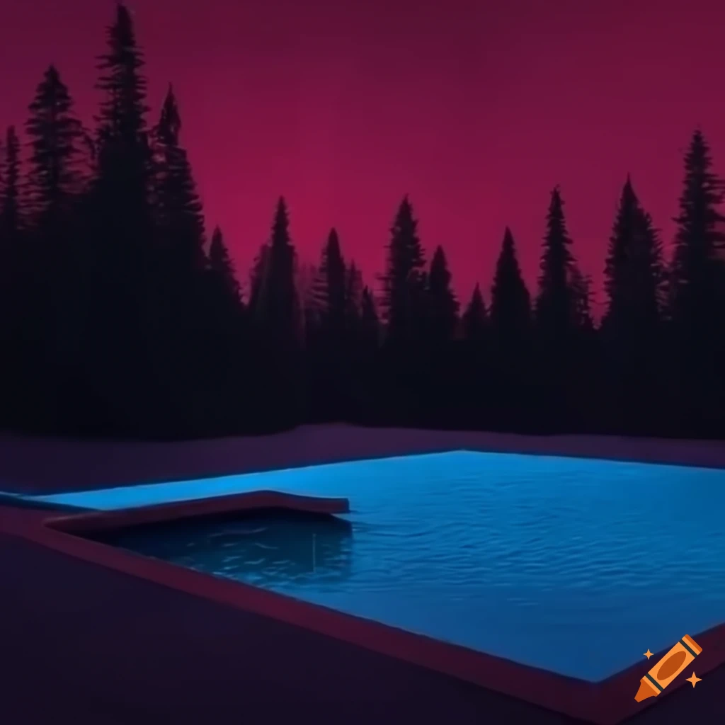 synthwave style swimming pool with dark forest and thunderstorm