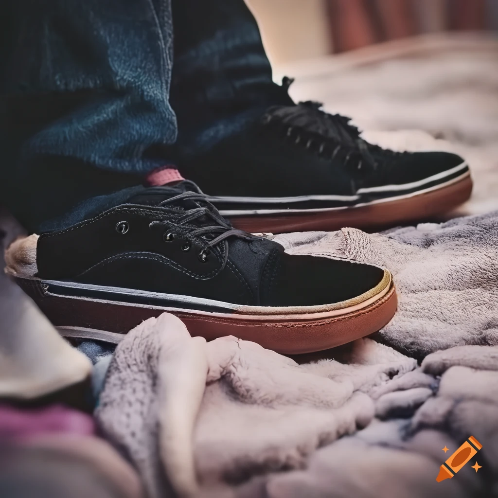 Close-up of black etnies shoes on a cozy blanket on Craiyon