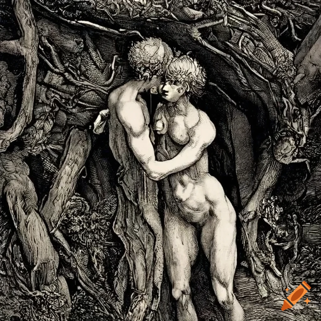surreal etching of teenage boys made of flowers and mushrooms