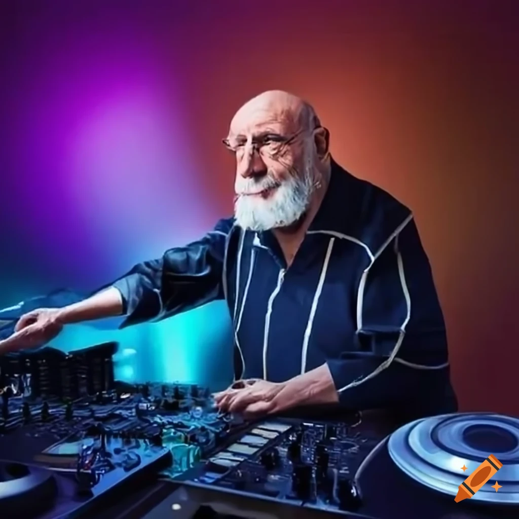 Elderly man mixing music on a dj deck on Craiyon