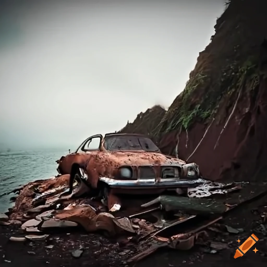abandoned car trapped in a landslide