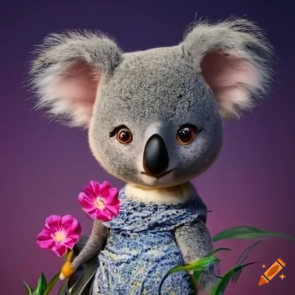 animation of a female koala wearing a flower dress
