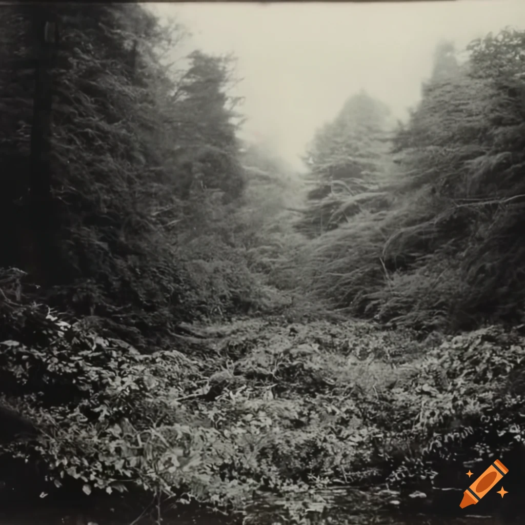rainy and cloudy forest in a 1920s film style