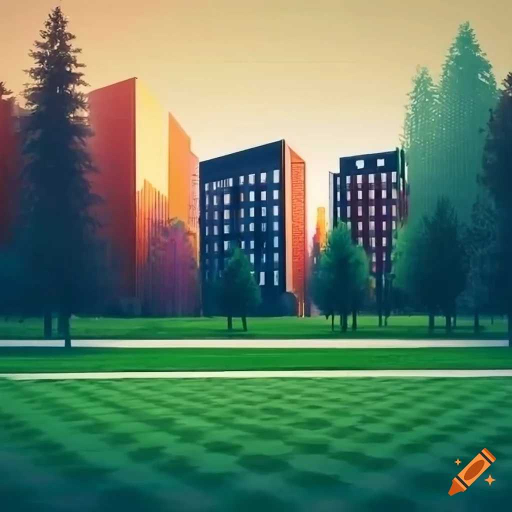 scenic view of a city park with checkered grass and Scandinavian buildings