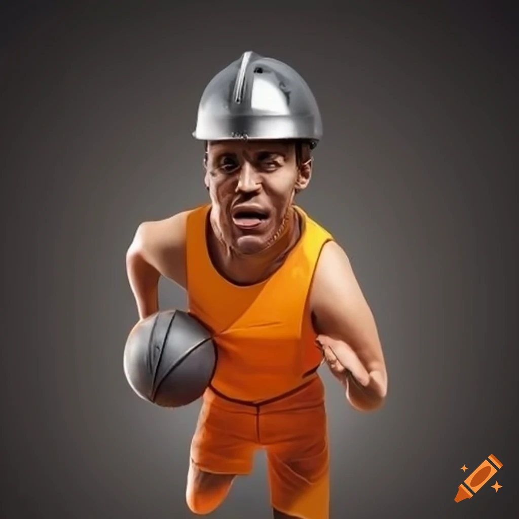 Basketball player in a coal mine helmet and orange jersey on Craiyon