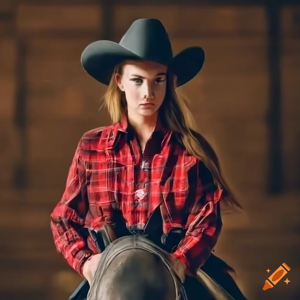 cowgirl on horseback in a rustic barn