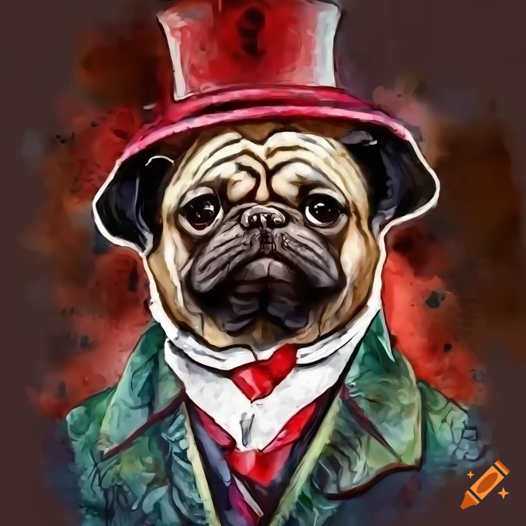 pug wearing a suit and reading newspaper in detective comic style
