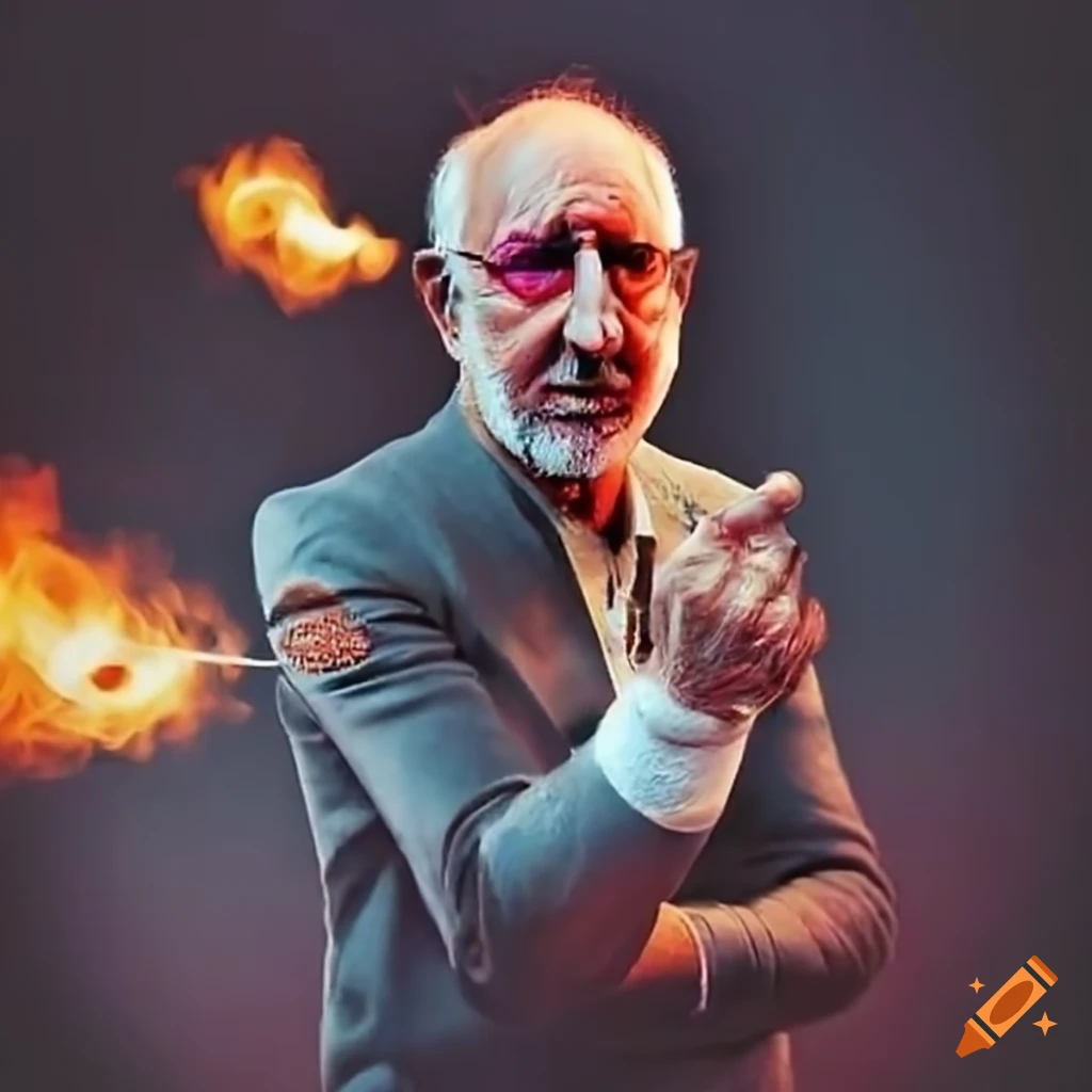 Pete Townshend performing with fireballs on stage