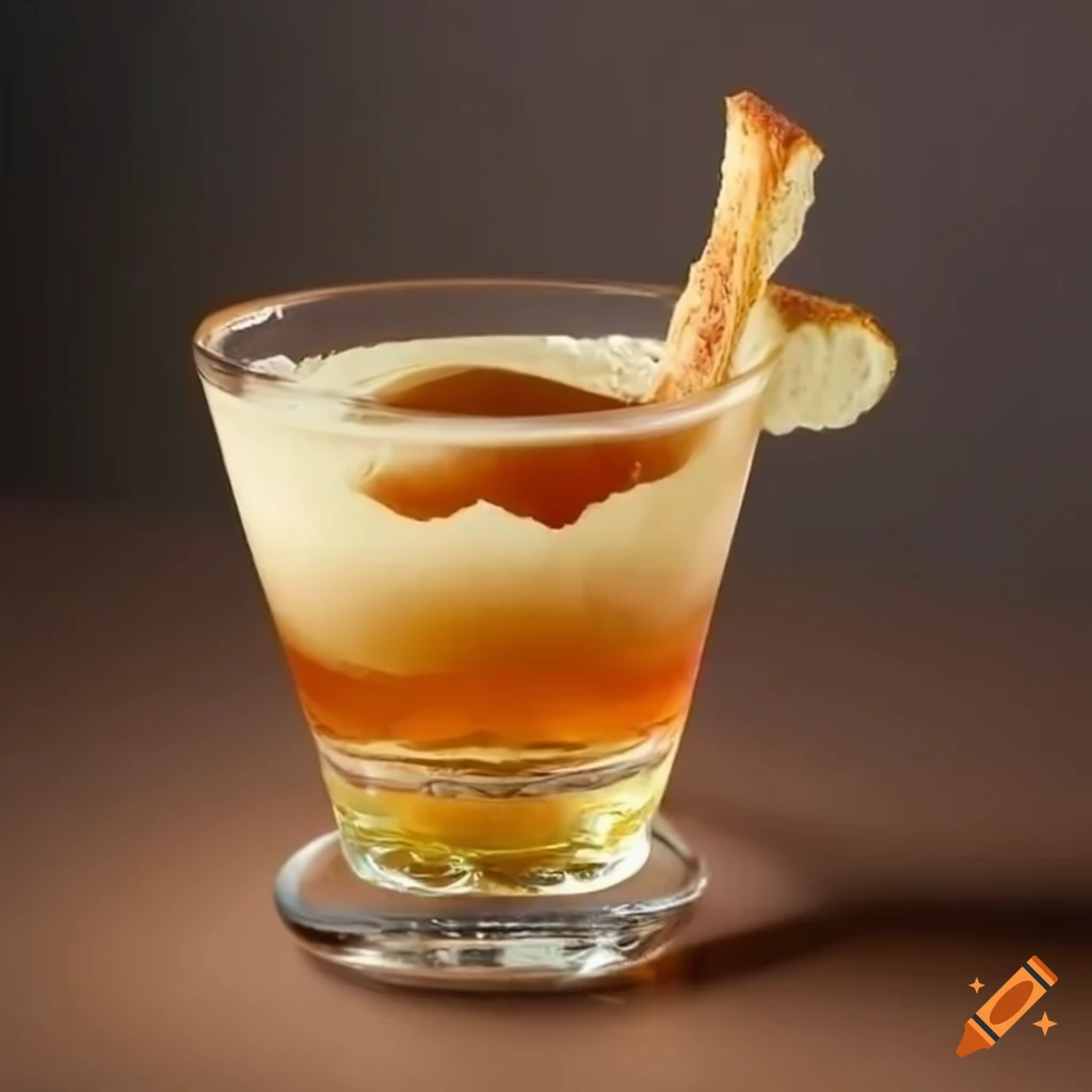 Cocktail made with rum, egg white, maple syrup, and bread decoration