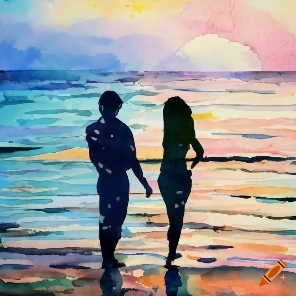 watercolor of a couple enjoying the seaside view
