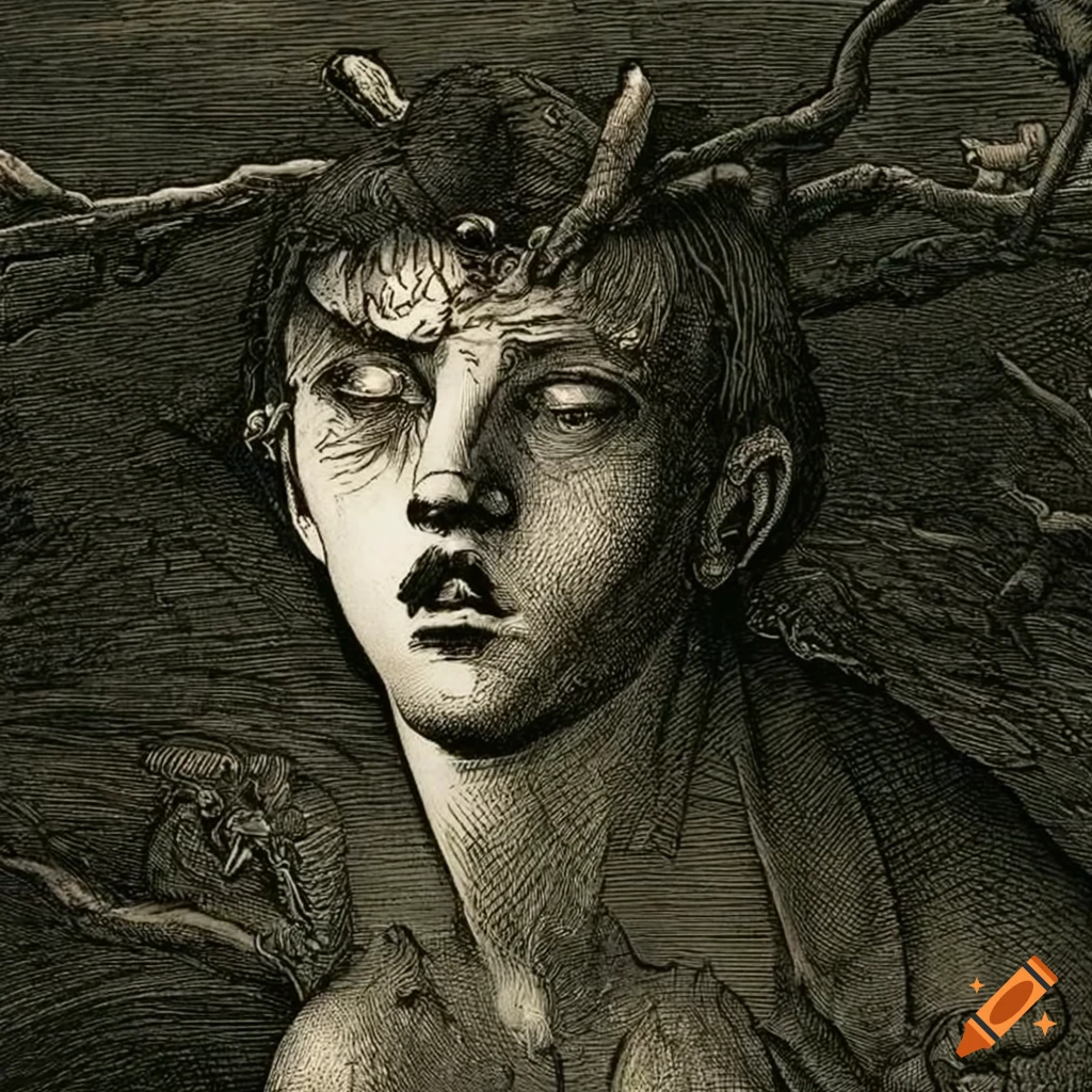 surreal engraving of teenage boys made of flowers and mushrooms