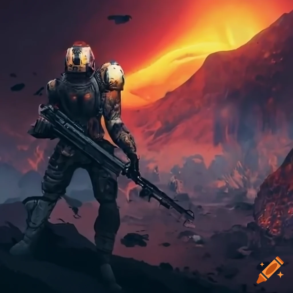 intense battle between futuristic soldier and flying metal orbs