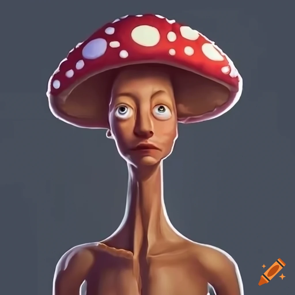 Satirical illustration of a mushroom humanoid with a political theme