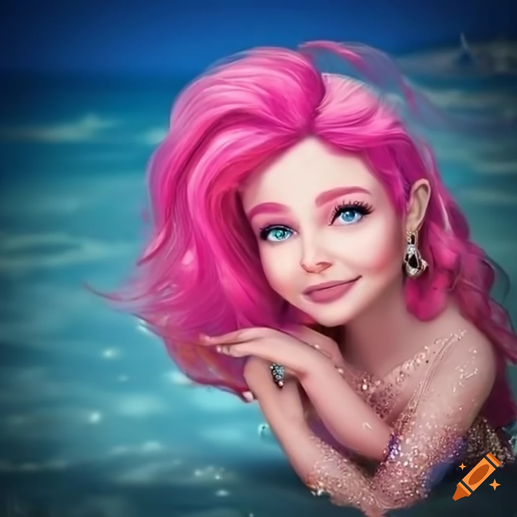 sparkly pink-haired mermaid princess on the beach