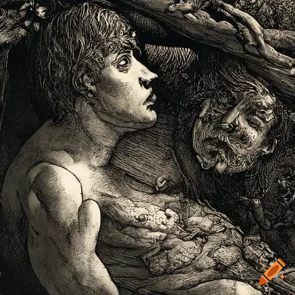 surreal etching of teenage boys made of flowers and mushrooms