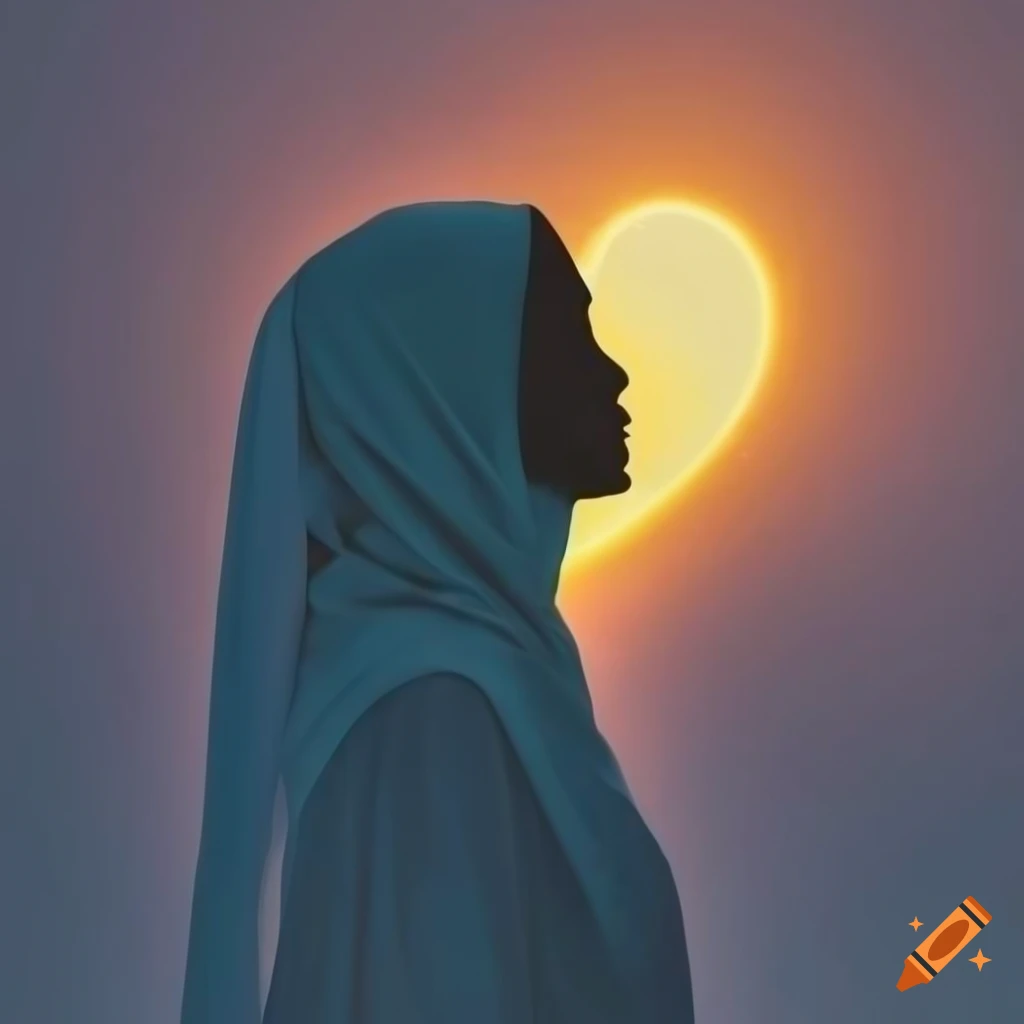 silhouette of a woman in a hijab watching a beautiful sunset with heart-shaped clouds