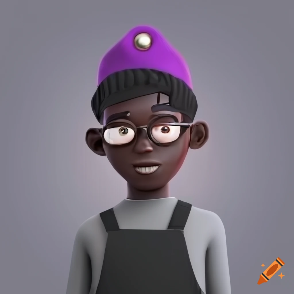 3D cartoon character with dark skin and black hair