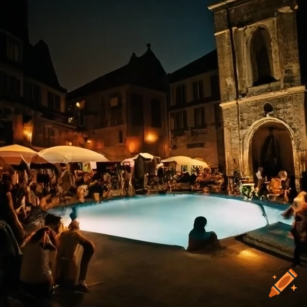 Abendparty mit vielen Menschen am pool