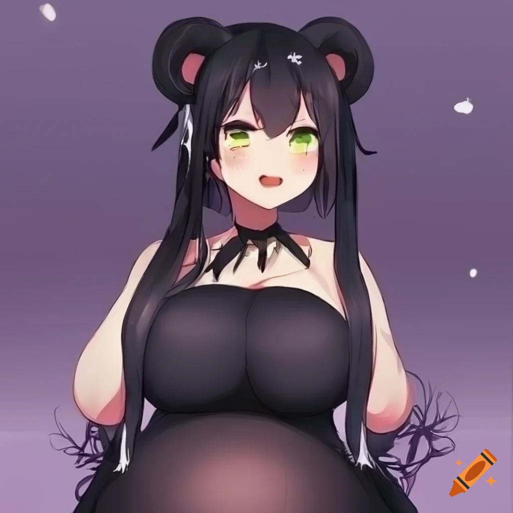 Cute anime girl with black bear ears and big belly on Craiyon