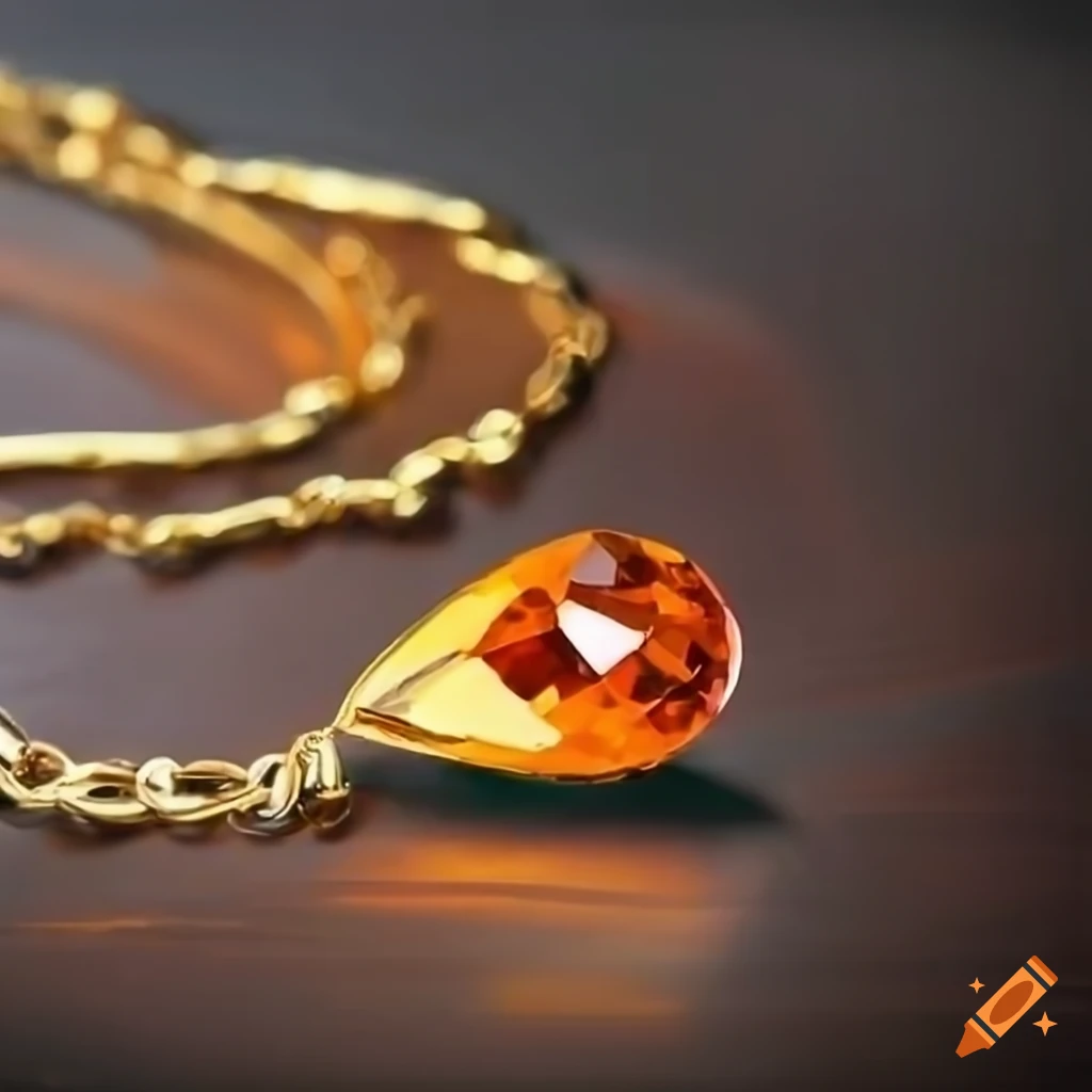 Knife palette painting of a gold necklace with orange gemstone on a