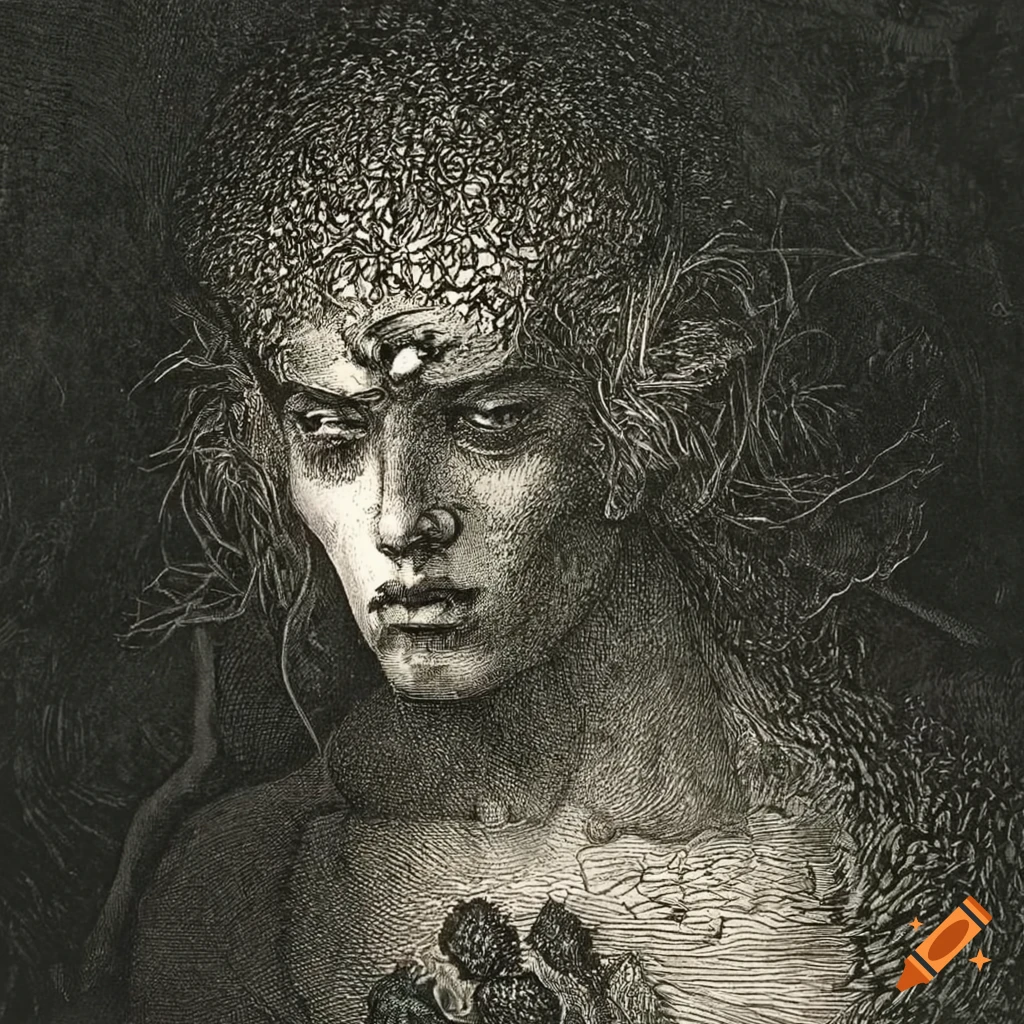 surreal engraving of teenage boys made of flowers and mushrooms