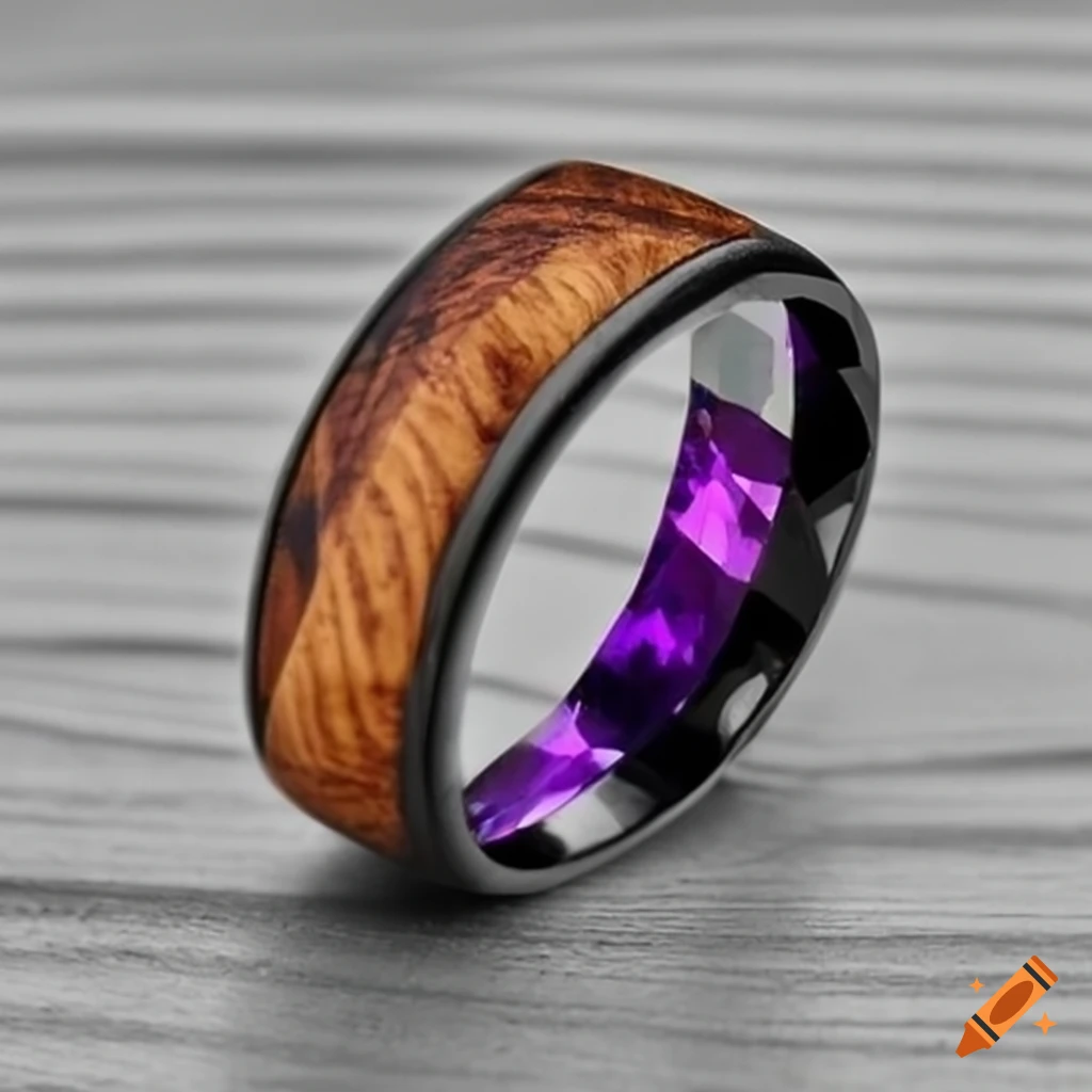 Modern men's metal ring with amethyst and wood on Craiyon