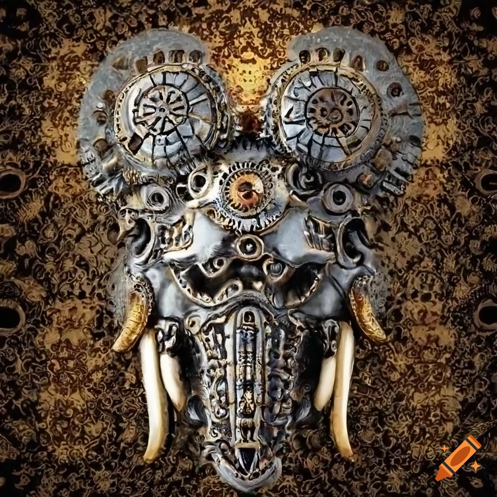 chrome biomechanical elephant death mask on textured background