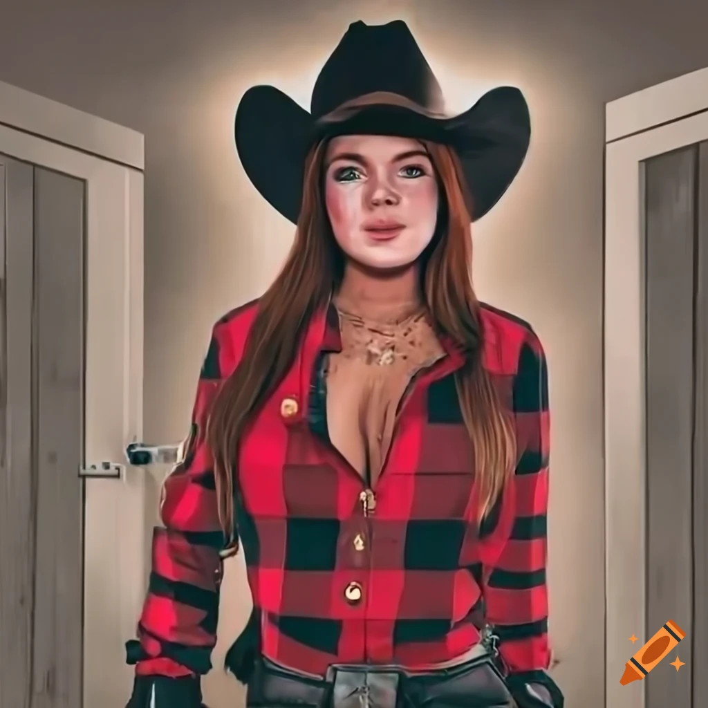 hyperrealistic cowgirl looking through farmhouse kitchen door