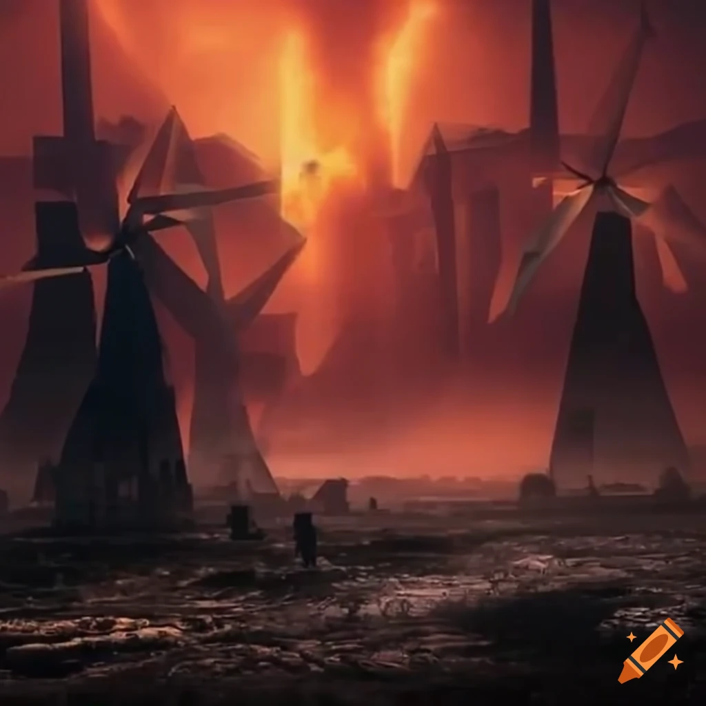 Digital art of giant humanoids emerging from ground with burning