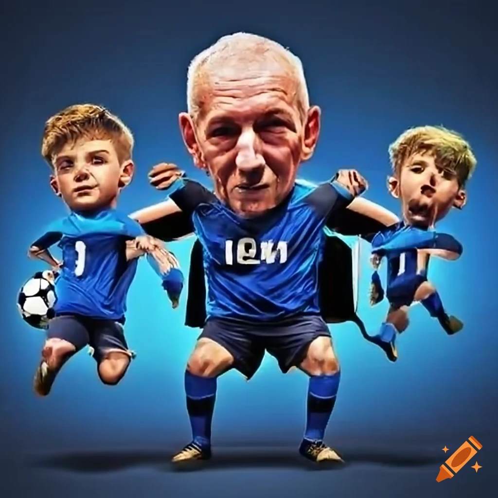soccer coach with players and flying soccer balls