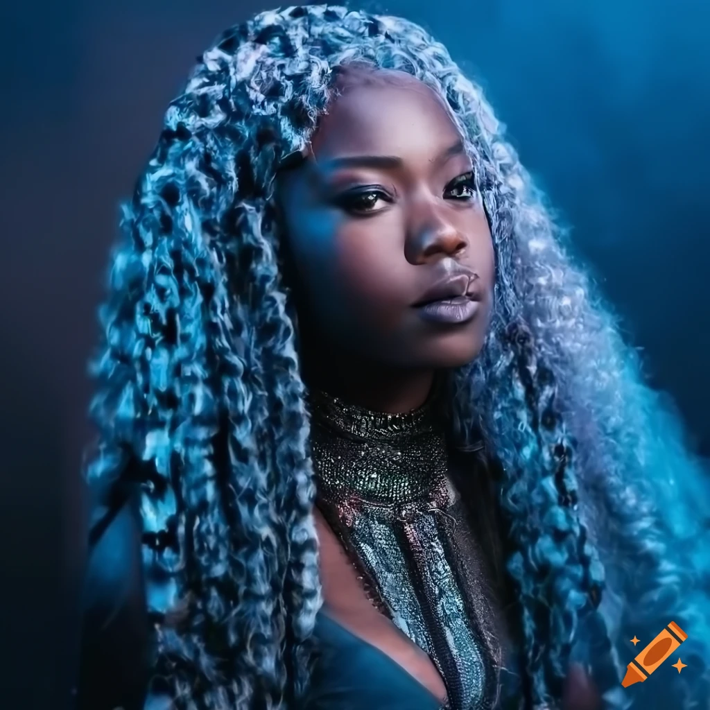 Portrait of a stunning african woman with long curly grey hair on Craiyon