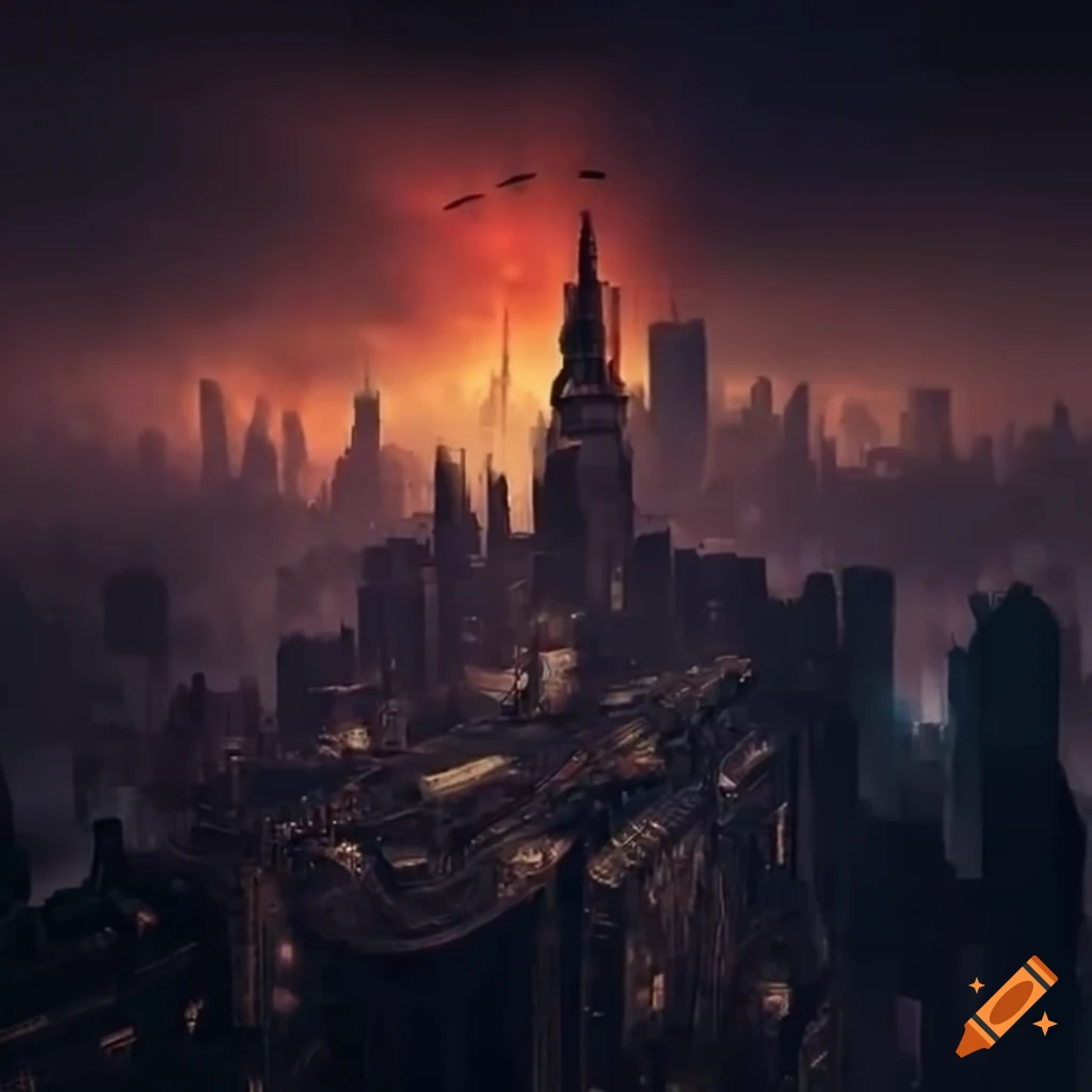 Eerie steampunk city at dawn with flying drones on Craiyon