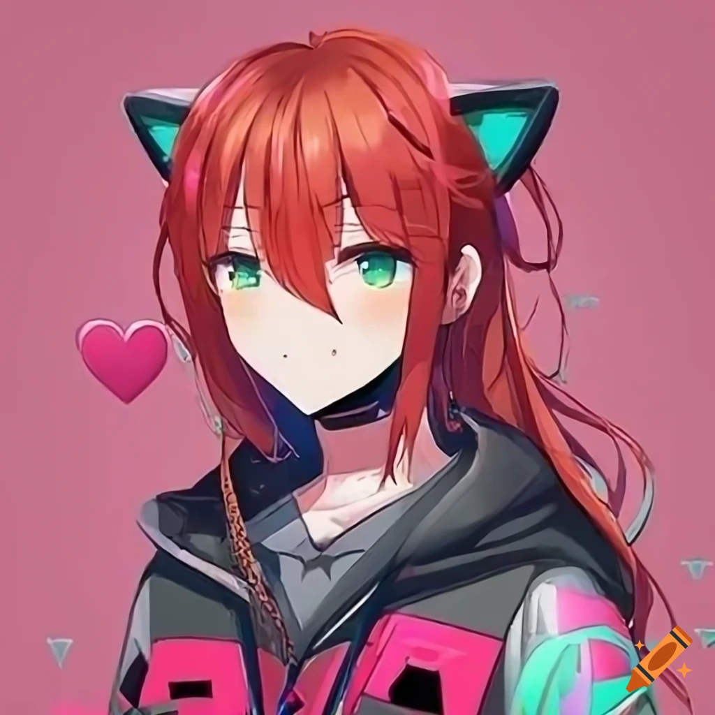 Cyberpunk anime character with red hair and cat ears