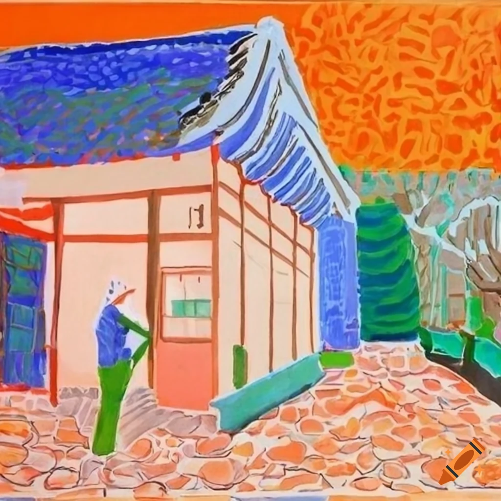 Georges Braque and David Hockney art in a Japanese style courtyard