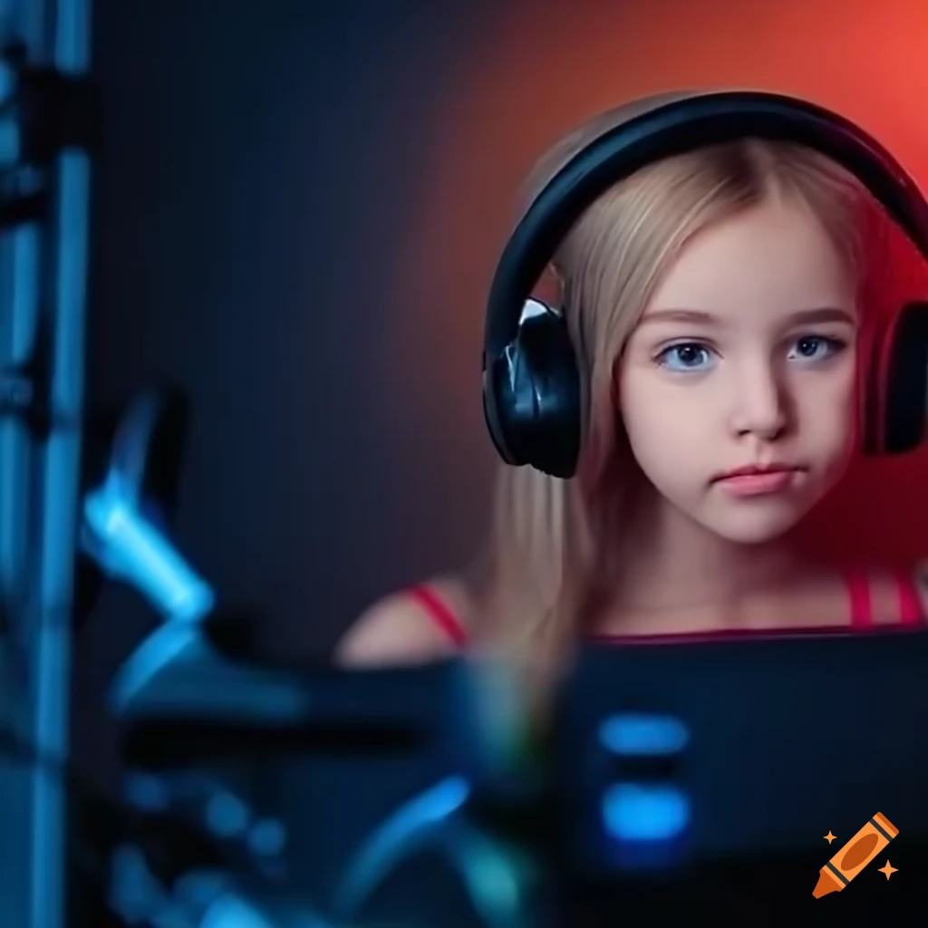 blond girl gamer reacting with microphone headphones