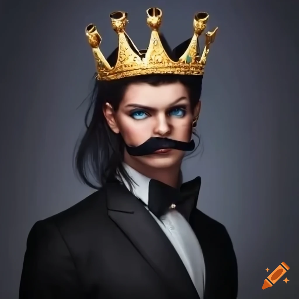 king in a black suit with crown in an office
