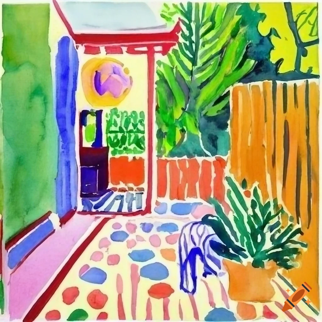 watercolor painting of a Japanese style courtyard