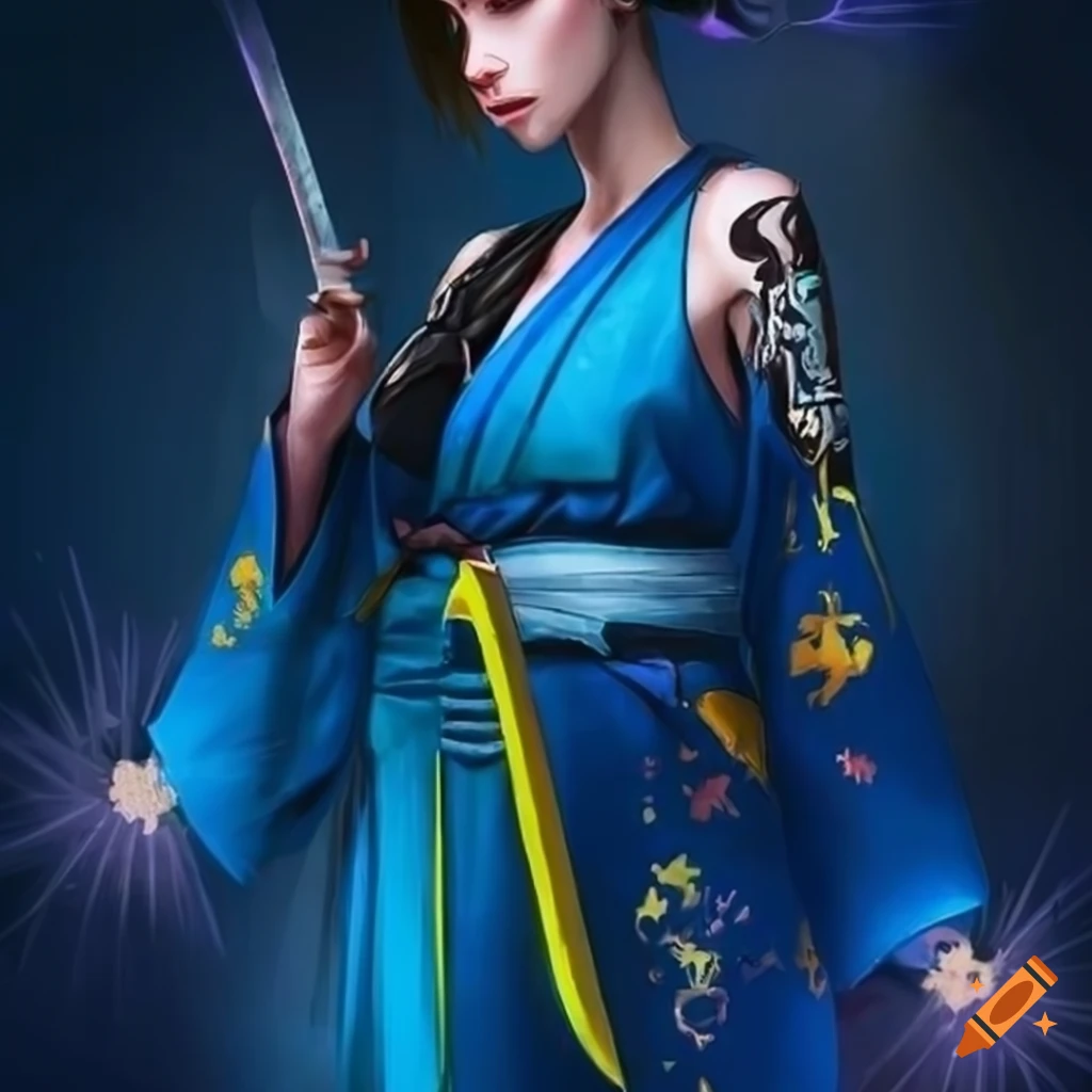 digital illustration of a cyberpunk girl with blue kimono and yellow power swords
