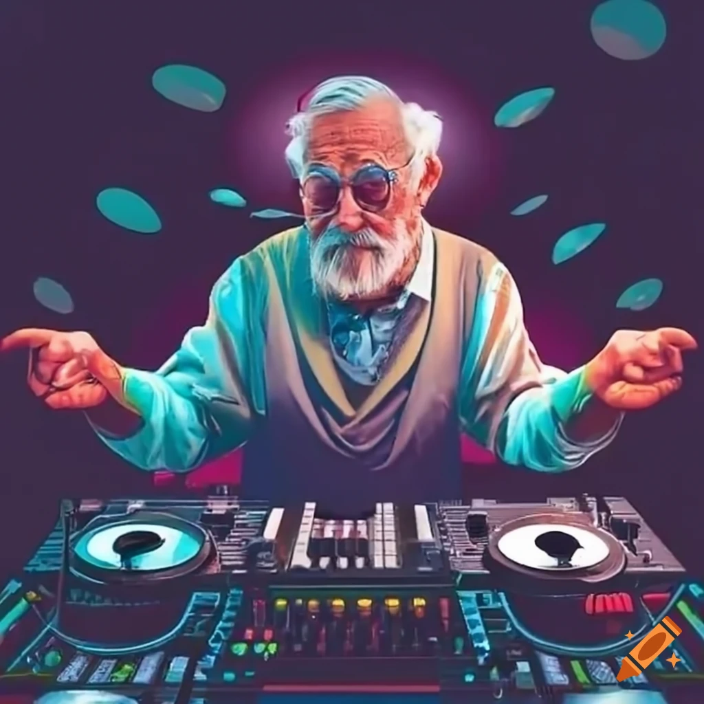 Dj deck with an old man mixing music