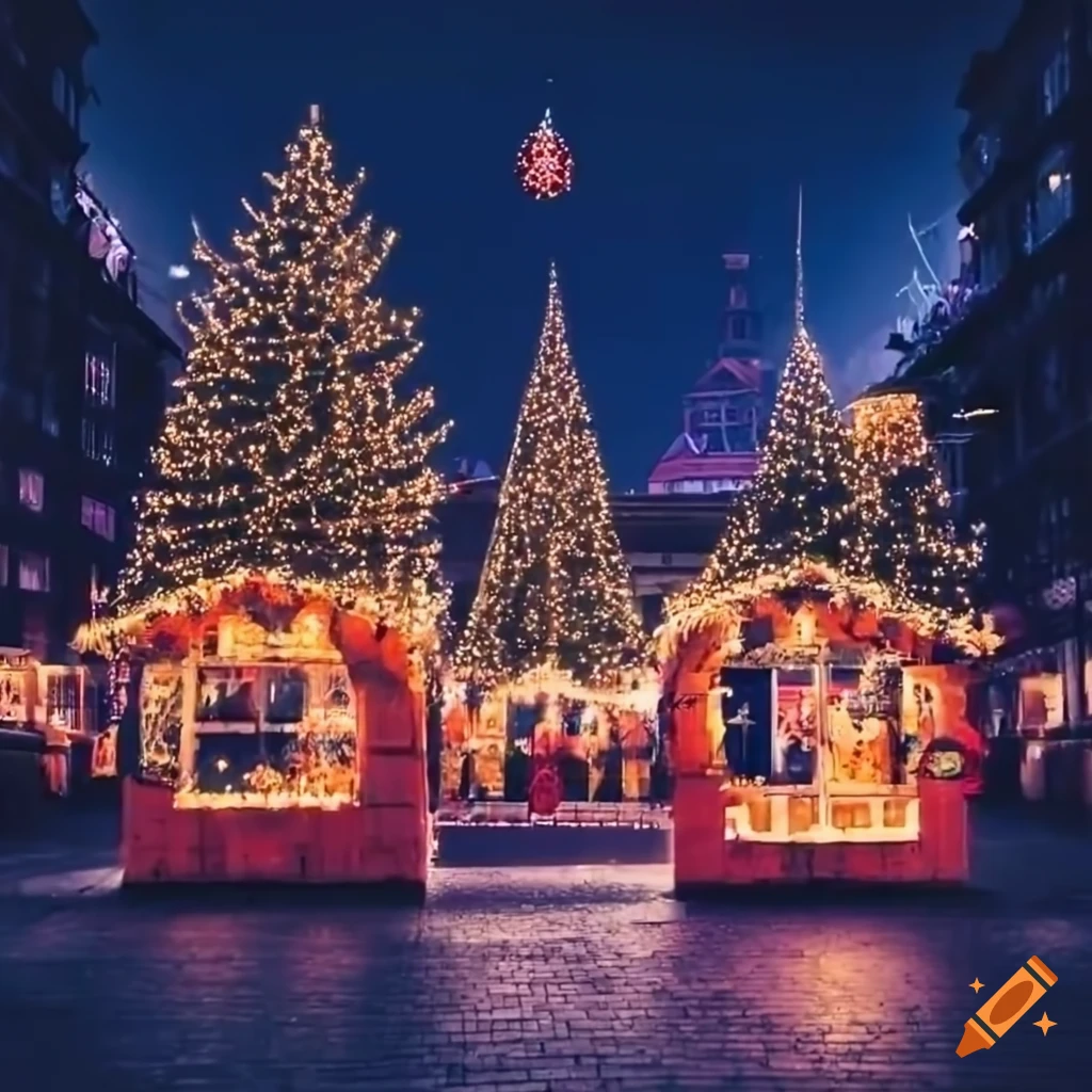 Aerial view of a christmas market with a decorated tree at the center