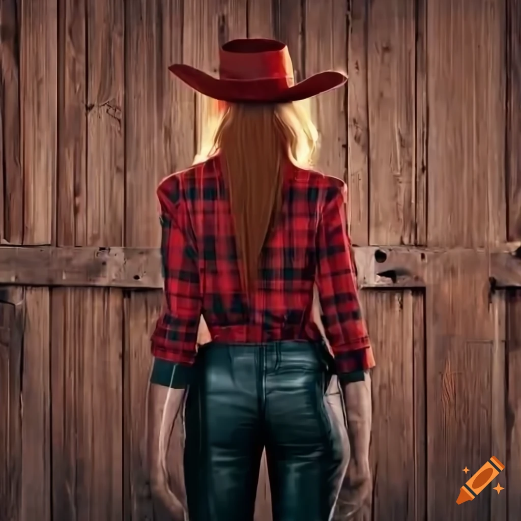 hyperrealistic depiction of a cowgirl by a wooden barn