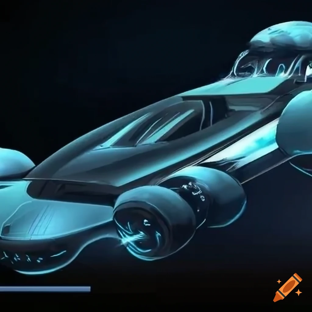 Illustration of a futuristic car with six wheels and rockets on Craiyon