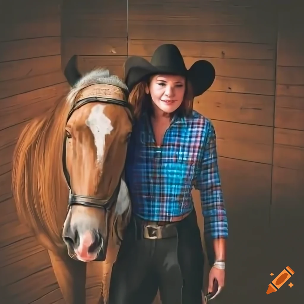 cowgirl riding a horse in a wooden barn