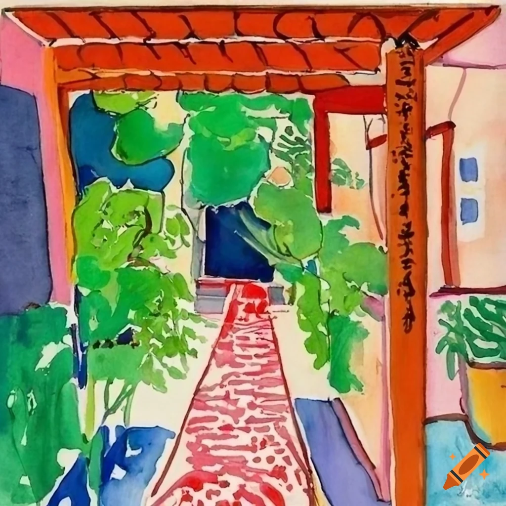 Japanese style courtyard inspired by watercolor art