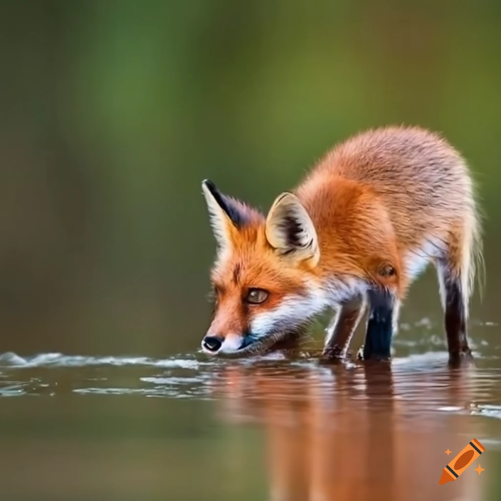 a fox drinking from a flowing river in Latvia