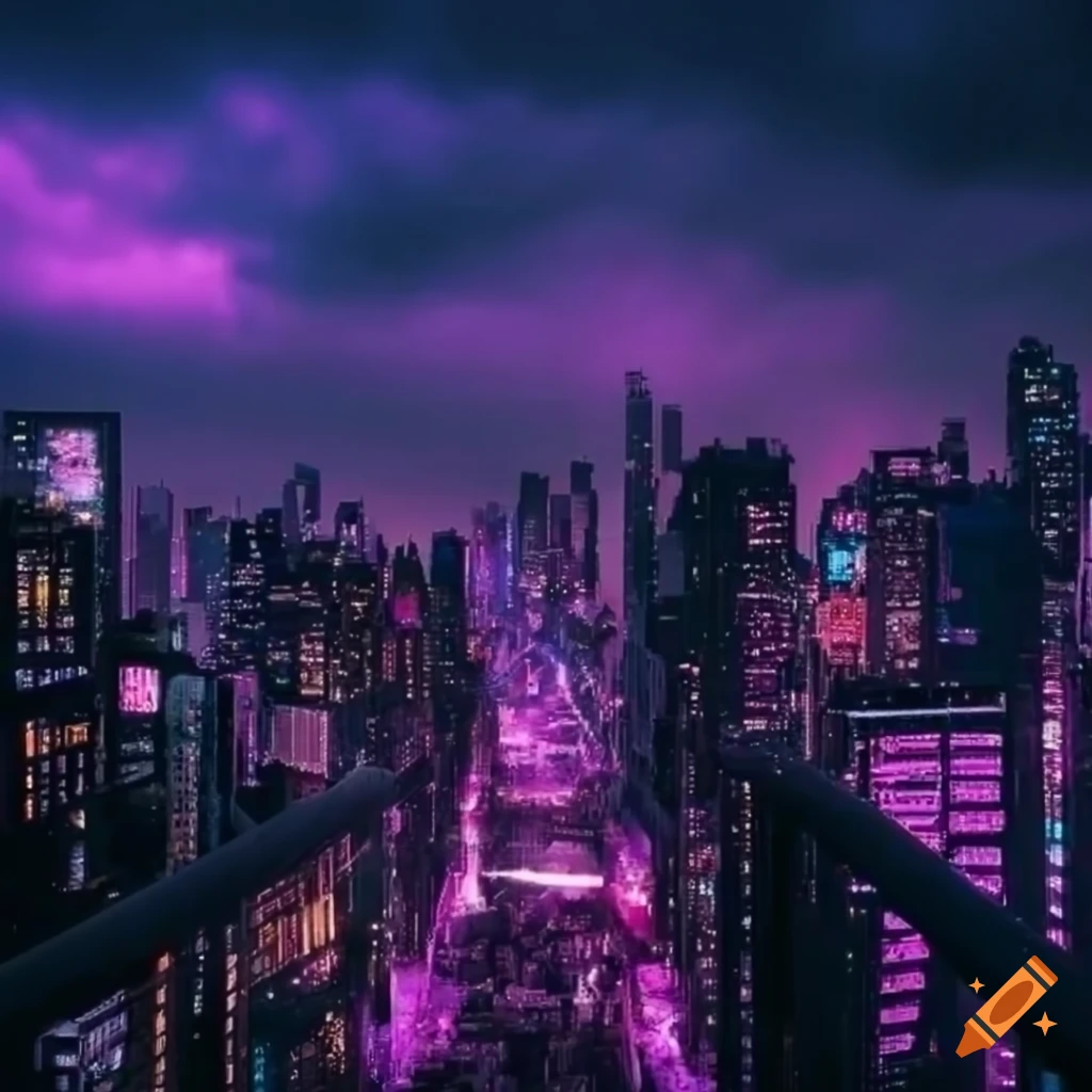 Cyberpunk city with purple lighting on Craiyon